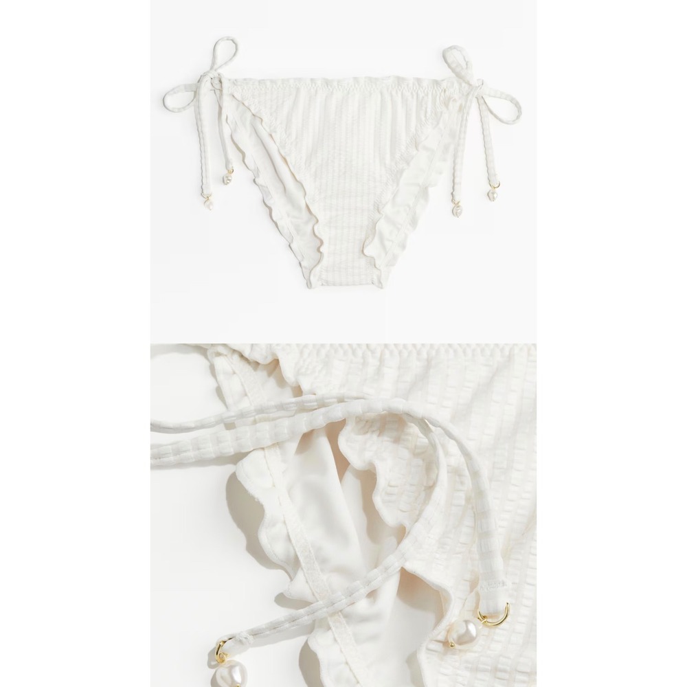 HM White Textured Ruffle Bikini Bottoms Pearl Side Tie Ruched‎ Back Size 6 NEW